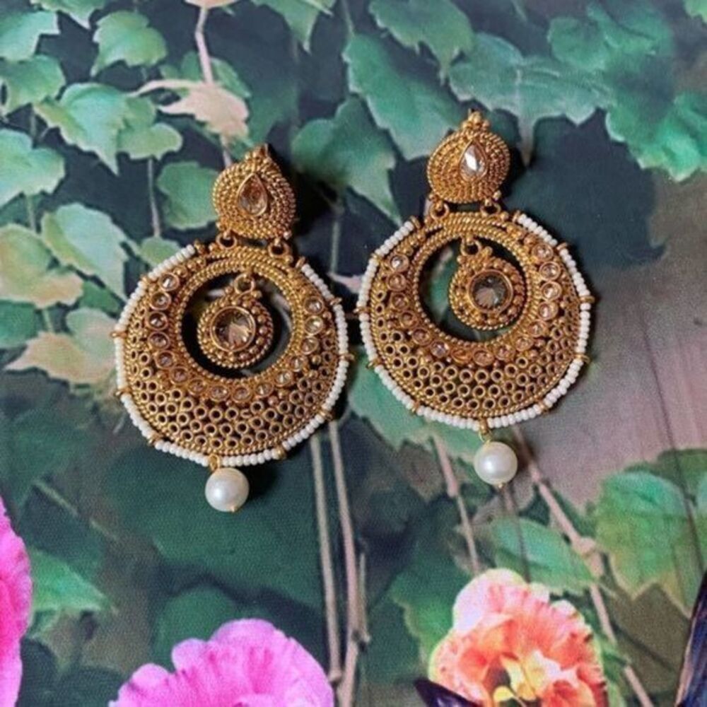 Round Bollywood Golden Drop Earrings with Pearl